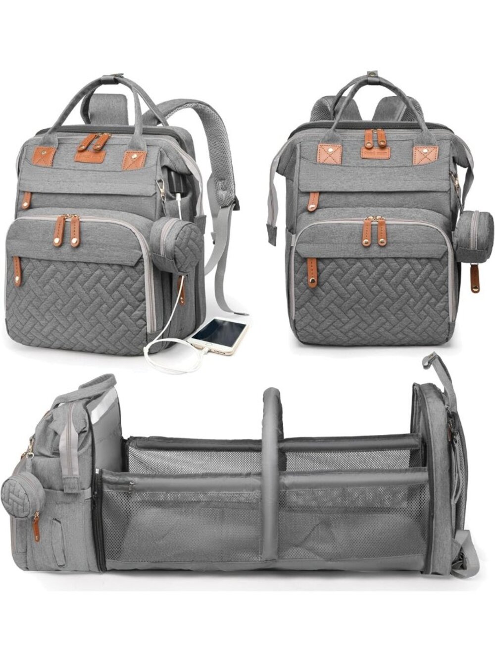 Stylish Waterproof Diaper Bag Backpack with Changing Station & USB Port - Large